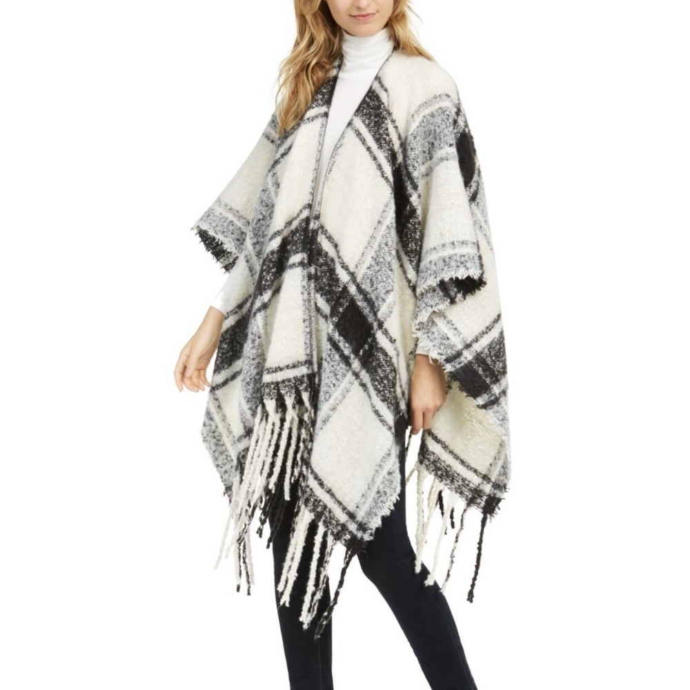 NEW Charter Club Blanket Shawl Brushed Fringed Topper Wrap Ivory Black Plaid